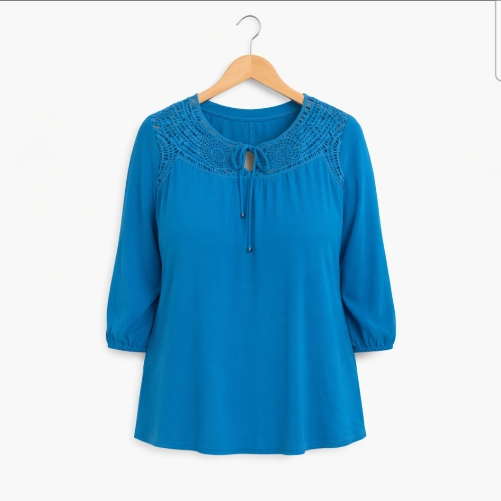 AB Studio Turquoise Lace Tie Front Bohemian Peasant Womens Top Sz XL